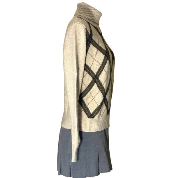 Vintage Evan Picone Tan & Brown Angora Blend Argyle Turtleneck Sweater Top Sz M - Picture 7 of 8